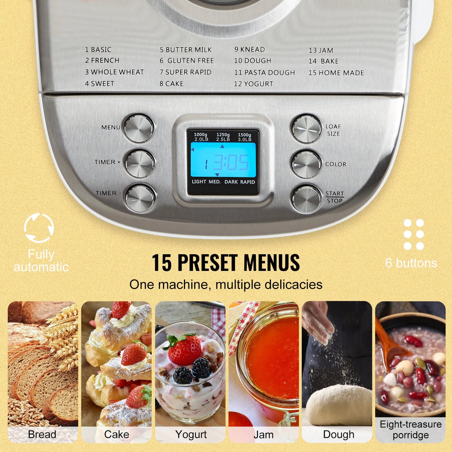 Bread Maker 15-in-1 Dough Machine Nonstick Ceramic Pan Automatic Bread maker with Gluten Free Setting
