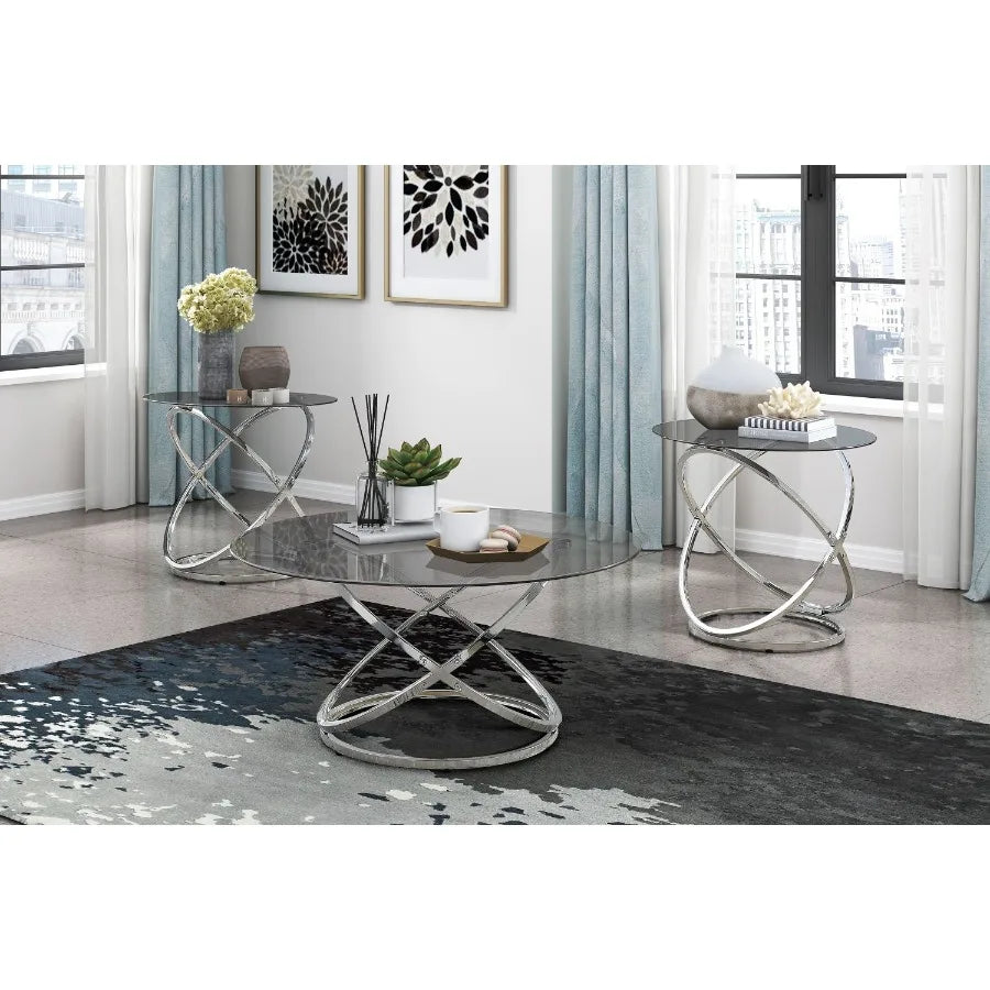 3piece Occasional Table Set Chrome Finish Metal Cocktail Table End Tables Tempered Glass Top