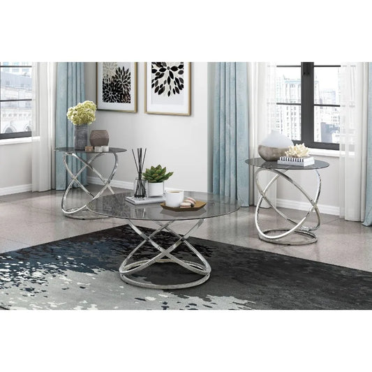 3piece Occasional Table Set Chrome Finish Metal Cocktail Table End Tables Tempered Glass Top