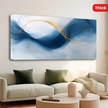 pine frame, large abstract gold and blue gradient painting,