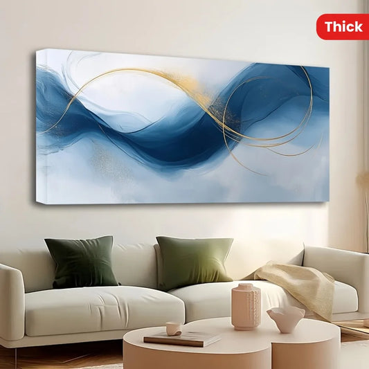 pine frame, large abstract gold and blue gradient painting,