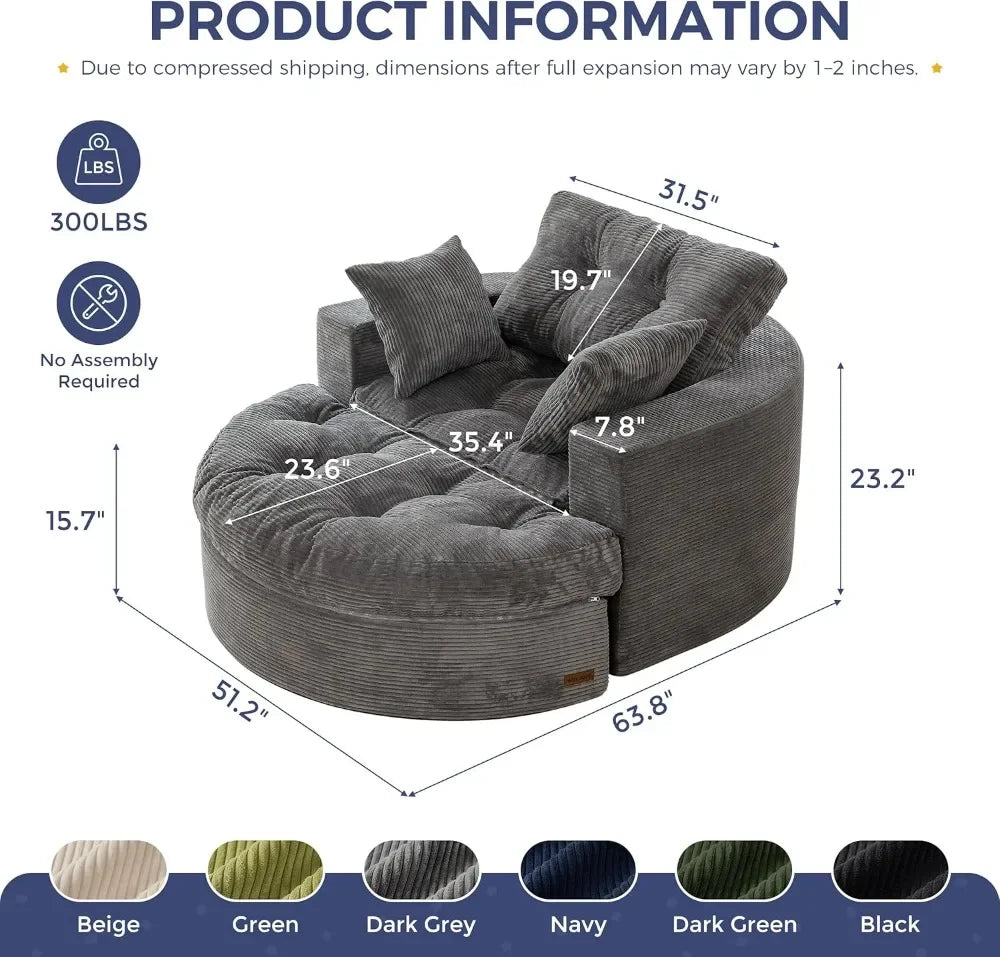 Oversized Round Chaise Lounge Sofa with Ottoman, Deep Seat Sleeper Chair, Boneless Couch for Living Room, Dark Grey