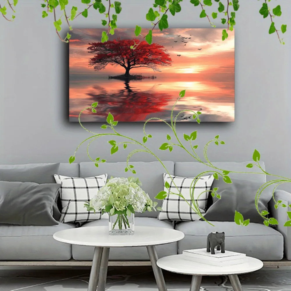 1.5 inch thick solid wood pine frame, interior art deco, depicting red leaf trees, abstract sunsets