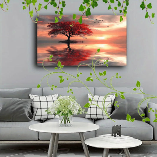 1.5 inch thick solid wood pine frame, interior art deco, depicting red leaf trees, abstract sunsets