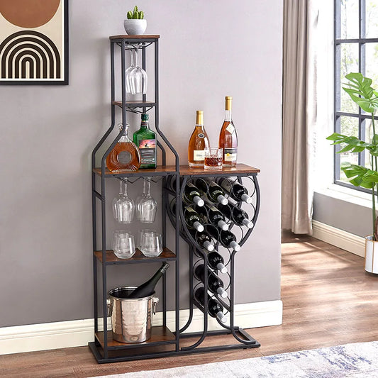 11 Bottle Wine Bakers Rack,5 Tier Freestanding Wine Rack with Hanging Wine Glass Holder and Storage Shelves,Wine Storage Home