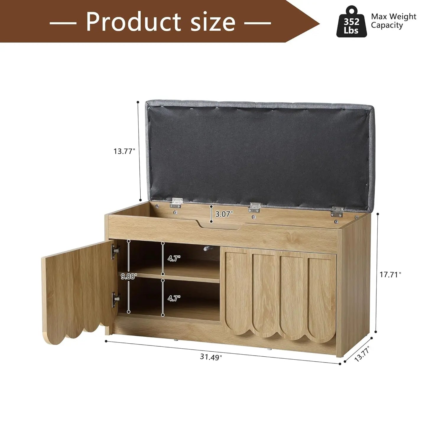 Shoe Storage Bench with Cushion, Entryway Shoe Cabinet Bench with 2 Scalloped Doors & Adjustable Shelf, Customized