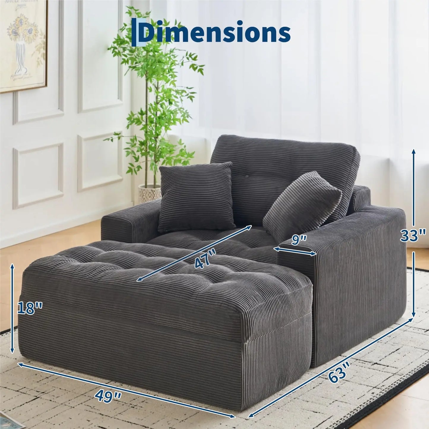 Cloud Chaise Lounge Indoor with Ottoman, Oversized Corduroy Sleeper Sofa Chair, Deep Seat Reading Couch, 2 Pillows