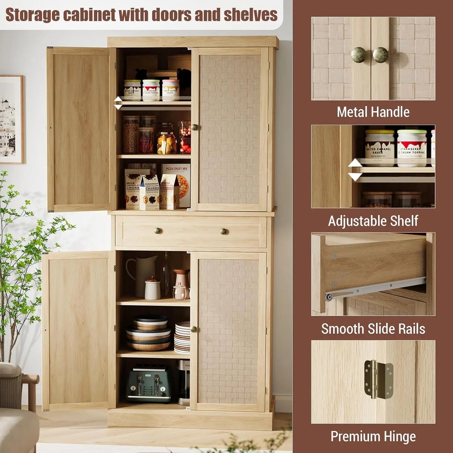 Kitchen Pantry Cabinet 72" Tall Storage Pantries with 4 Doors and Adjustable Shelves,Farmhouse Cabinet with 1 Drawer