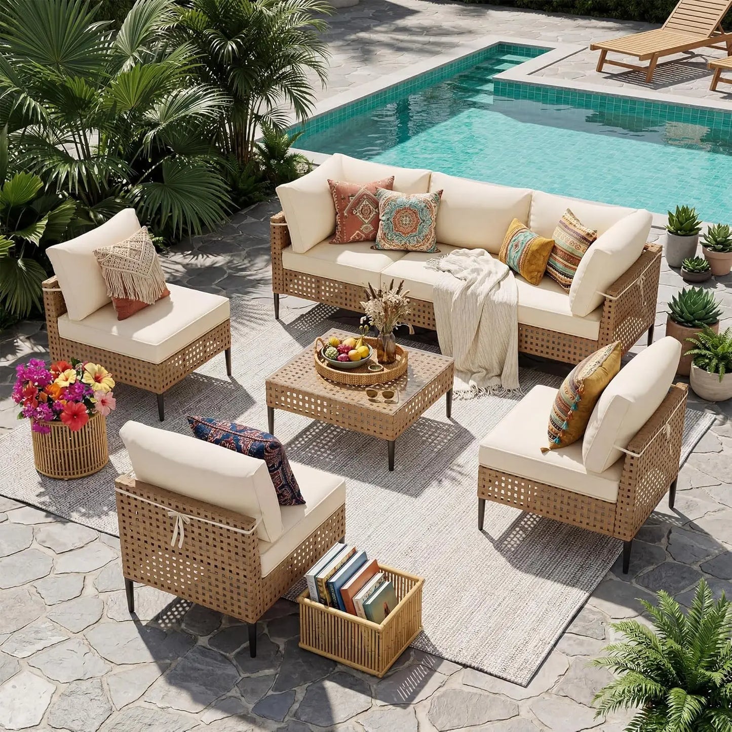 Wicker Patio Furniture Set, 7-Piece Modular Outdoor Furniture Set, High-Leg Design Sectional Patio Sofa