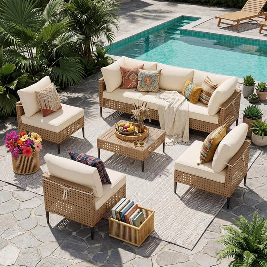 Wicker Patio Furniture Set, 7-Piece Modular Outdoor Furniture Set, High-Leg Design Sectional Patio Sofa