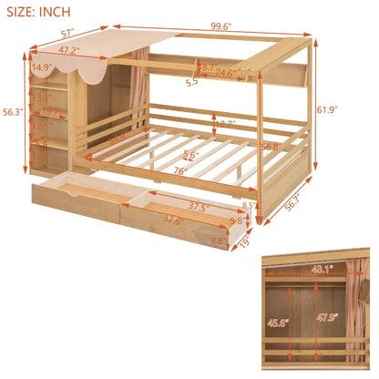Full size House Bed with Two Drawers and Wardrobe,sturdy construction and Unique design,White/Gray /Natural.