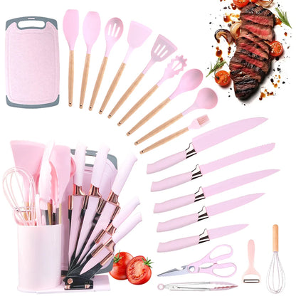 Silicone Utensil Set Non-Stick Heat-Resistant Cooking Kitchenware Chef Knife Easy-Clean Safe for Non-Stick Cookware