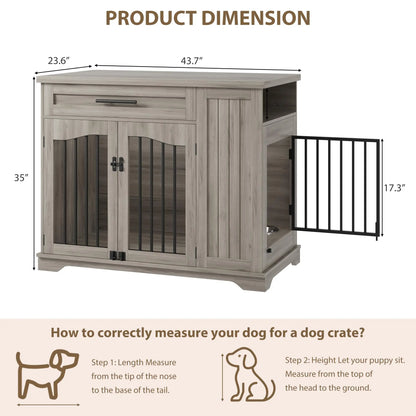 Furniture Style Dog Crate Heavy Duty Wooden Dog Kennel With Drawer Side Storage & Built-in Feeding Station For Pets