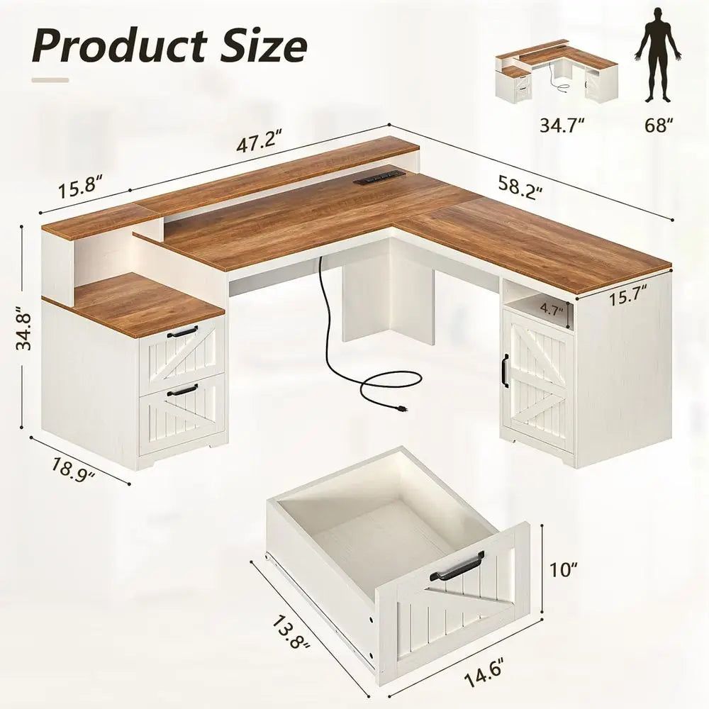 L Shaped Executive Desk with Ders & Storage Shel, Computer Desk with Power Outlets, L Shaped Oice Desk with Monitor