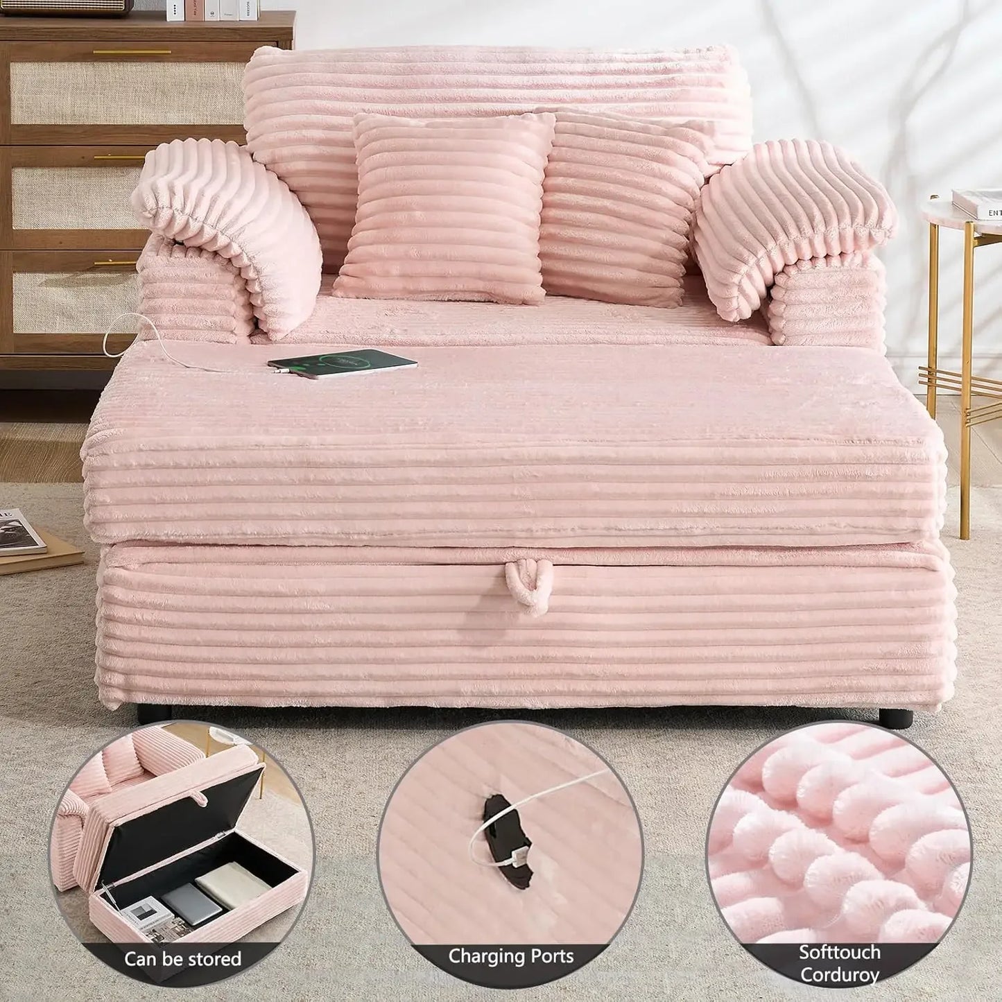 Oversized Chaise Lounge Chair Couch Indoor - Deep Seat Sofa Bed, Corduroy Sleeper Cloud with USB Charging, Customized