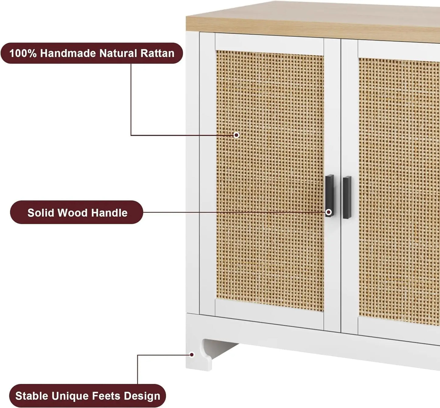Buffet Cabinet, Rattan Storage Cabinet with 4 Doors and Shelf, Modern Console Coffee Bar Cabinet For  Home, Dining Room, Kitchen