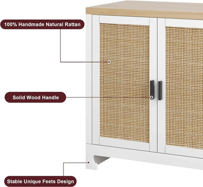 Buffet Cabinet, Rattan Storage Cabinet with 4 Doors and Shelf, Modern Console Coffee Bar Cabinet For  Home, Dining Room, Kitchen