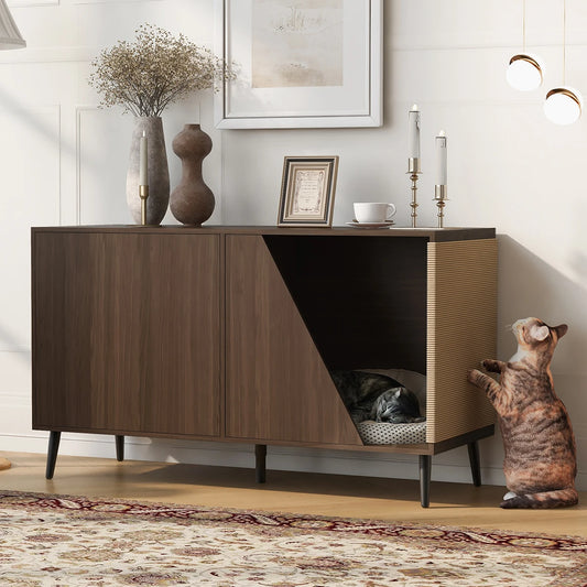 Wooden Cat House with Scratch Pad Large Cat Litter Box Enclosure Cabinet Hidden Cat Villa Washroom Furniture for Living Room
