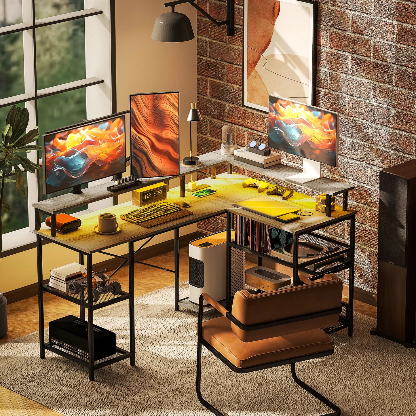 59" L Shaped  Storage, Corner Desk with Led Lights and Power Outlets