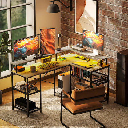 59" L Shaped  Storage, Corner Desk with Led Lights and Power Outlets