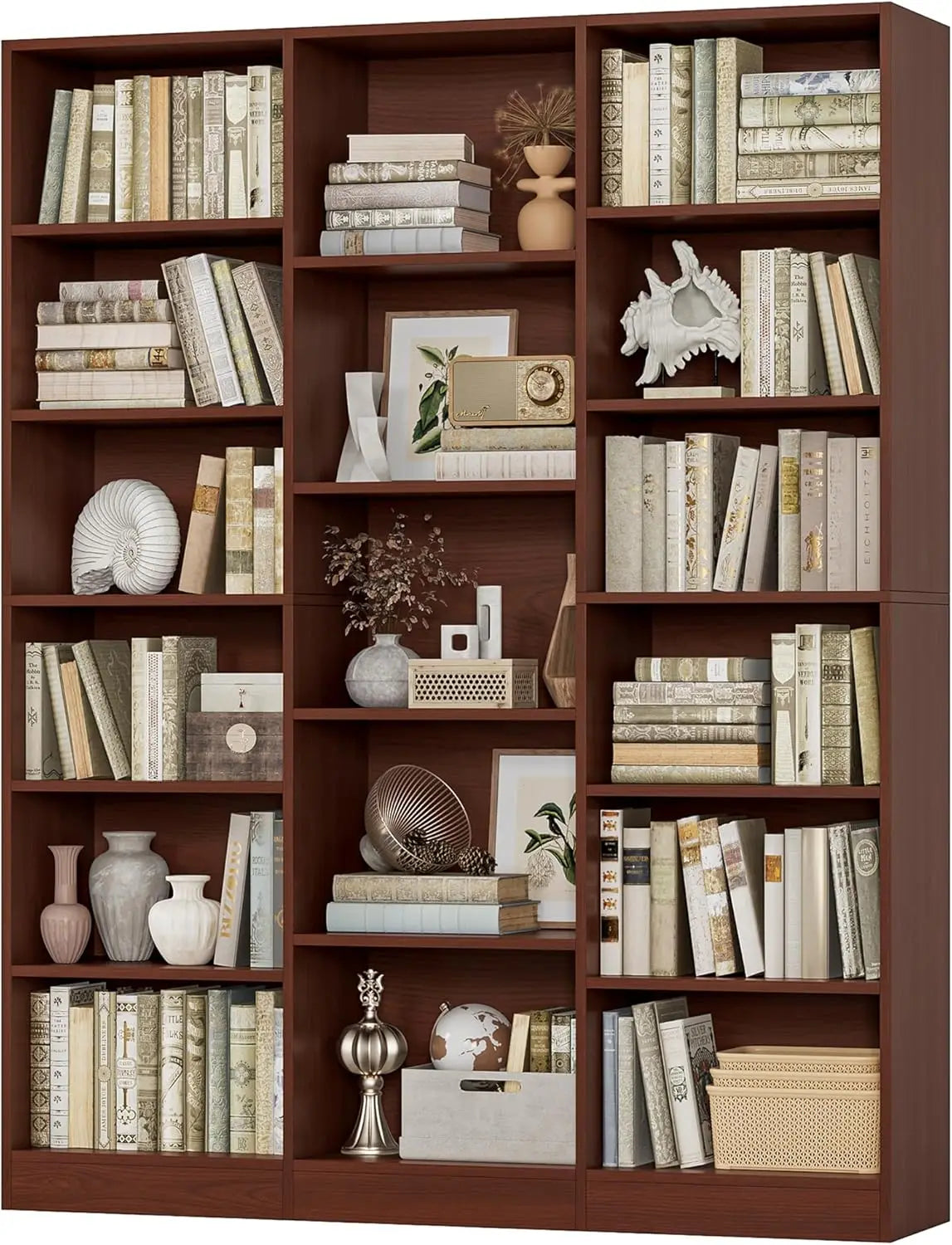 Triple Wide Bookshelf, 6 Tier Large Bookshelf, Bookcase with 17 Open Display Shelves, 74'' Tall Bookcases, Customized