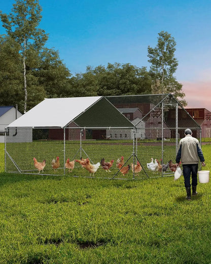 Chicken Coop Large Metal Chicken Run Walk-in Poultry Cage Pen w/ Anti-UV and Waterproof Cover for Duck Rabbits Yard Outdoor Farm