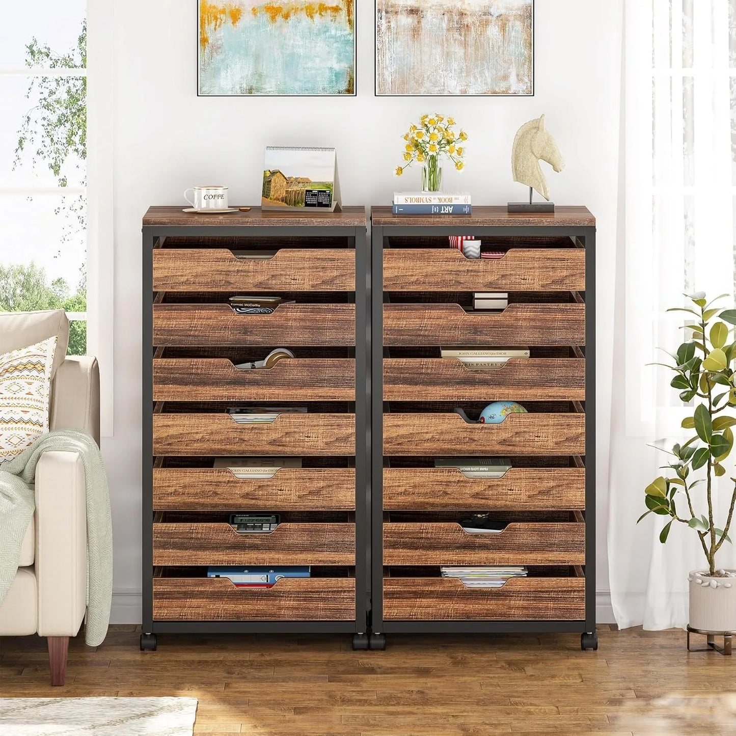7-Drawer File Cabinet with Drawers & Wheels, Wood Mobile Storage Drawer