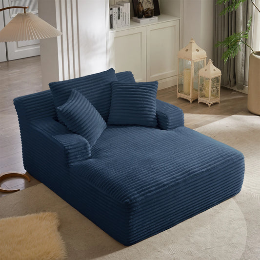 Oversized Chaise Lounge Chair Corduroy Oversized Boneless Couch Sofa Bed Reading Chair Sleeper Chaise with 3 Pillows, Blue