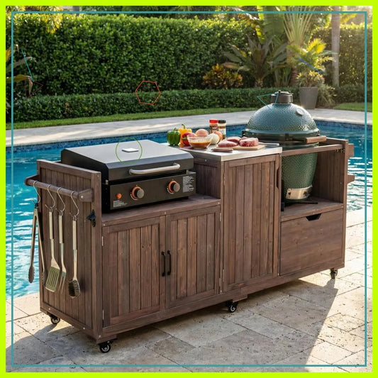 Outdoor Grill Cart 80.5" Solid Wood Kitchen Island Stainless Steel Top Rolling Cart for Griddle