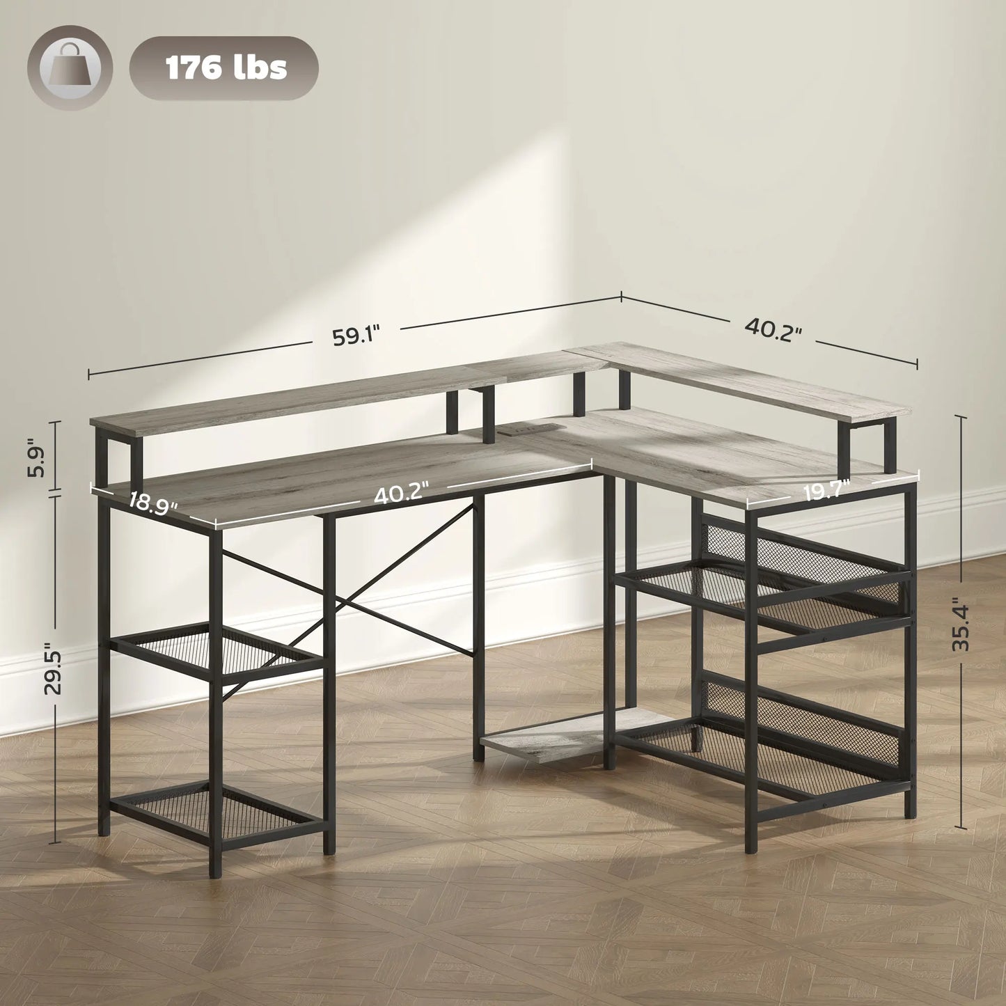 59" L Shaped  Storage, Corner Desk with Led Lights and Power Outlets