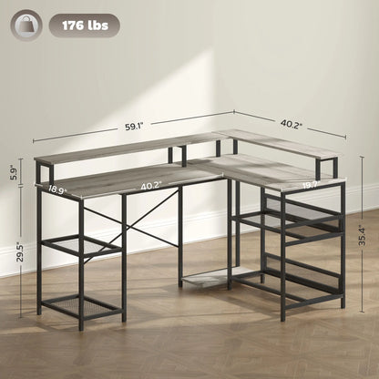 59" L Shaped  Storage, Corner Desk with Led Lights and Power Outlets
