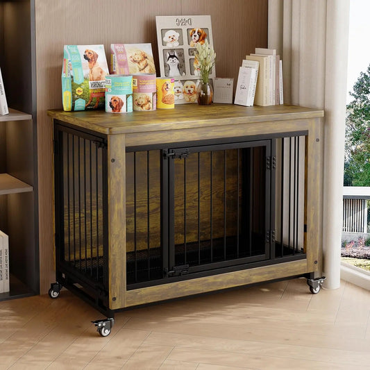 Wooden Dog Crate Furniture with 3 Doors & Wheels Heavy Duty Indoor Dog Kennel Side Table - Removable Tray, Pet House Cage Crate