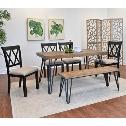 6Piece Dining Set Hairpin with 4 Cross back Chairs and Bench Rich Black