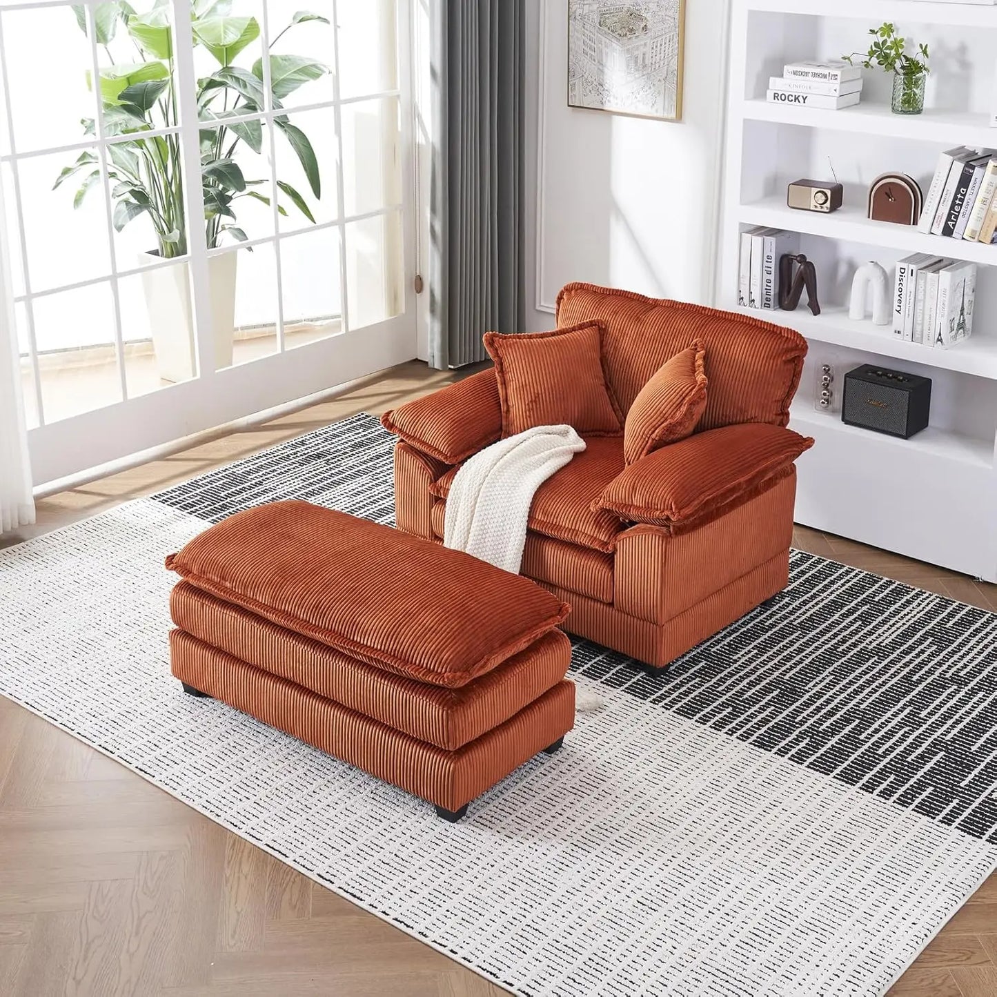 Oversized Chaise Lounge Chair Large Chaise Lounge Chair Indoor with Ottoman And 2 Pillows, Modern Deep Seat Corduroy