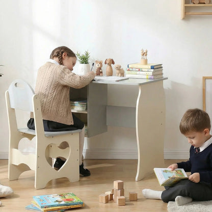 Kids Desk and Chair Set Multifunctional White and Grey Toddler Student Writing Table Set for Home School