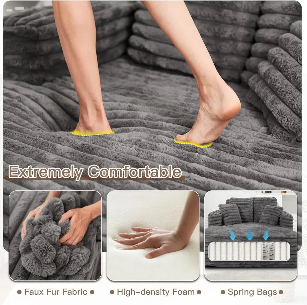 Oversized Chaise Lounge Chair Indoor Plush Faux Fur Sleeper Sofa Couch Bed with Pillows Wide Armrests Fluffy Cloud Couch
