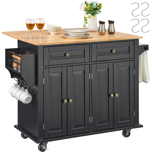 Kitchen Island Cart Wood Top Mobile Carts with Storage Cabinet Rolling Table with Drop Leaf Spice Rack Towel Bar