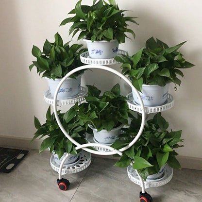 Pot Plant Shelf Round Metal Stand W/Wheel Rack for Flowers