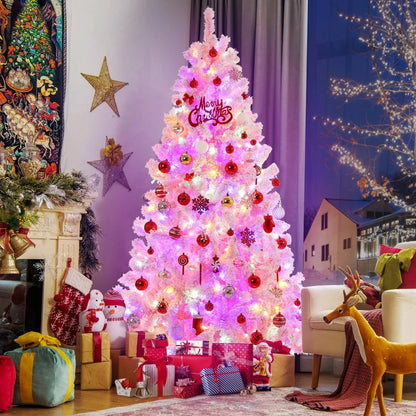 6Ft Pink Pre-Lit Christmas Tree, Snow Flocked Artificial Christmas Tree with 250 & Multi Color Led Lights, Fake Xmas Tree