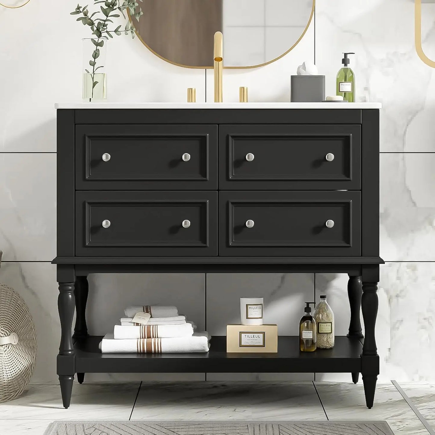 Bathroom Vanity with Sink Farmhouse Storage Cabinet 4 Drawers Open Shelf Solid Wood Frame