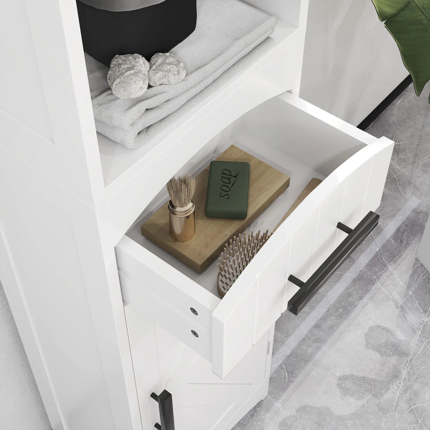 Tall Bathroom Storage Cabinet, Farmhouse Narrow Bathroom Storage Cabinet with Recessed Drawer and Barn Door, White