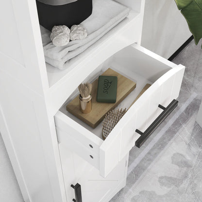 Tall Bathroom Storage Cabinet, Farmhouse Narrow Bathroom Storage Cabinet with Recessed Drawer and Barn Door, White