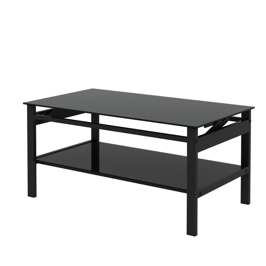Glass Lift Top Coffee Table; Modern Simple 2-Layer Tempered Glass Coffee Table for Living Room; Black