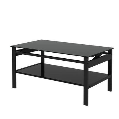 Glass Lift Top Coffee Table; Modern Simple 2-Layer Tempered Glass Coffee Table for Living Room; Black