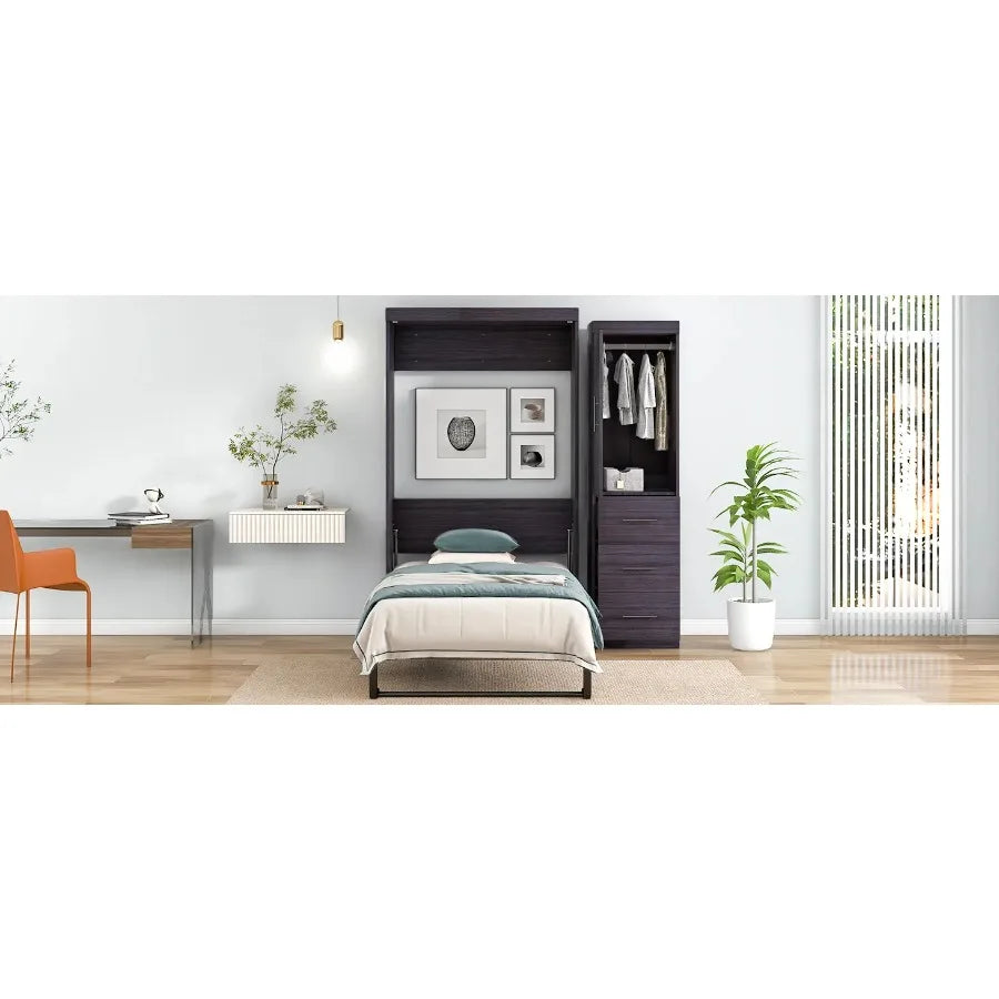 Twin Size Murphy Bed with Wardrobe and Drawers Storage Bed can be Folded into a Cabinet Gray