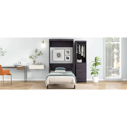 Twin Size Murphy Bed with Wardrobe and Drawers Storage Bed can be Folded into a Cabinet Gray