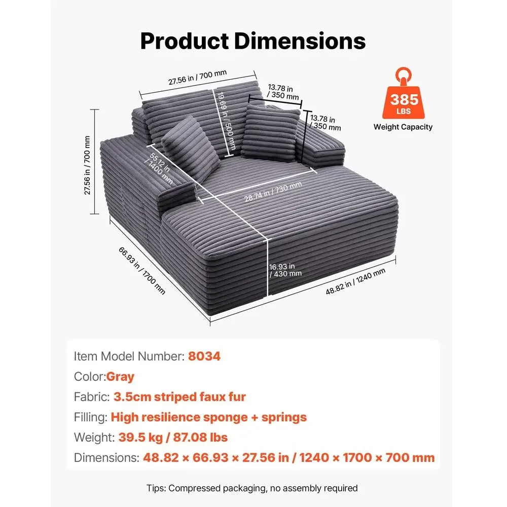 Chaise Lounge Chair, 48 in Boneless Chaise Lounge Indoor, Modern Upholstered Oversized Reading Chair with Throw Pillows