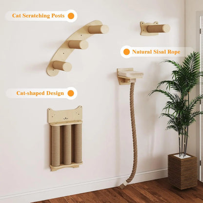 Cat ClimWall Set Made of Natural Wood, 8 Pcs Sturdy Furniture with Scratching Posts, Kitten Platform, 100CM Sisal Rope