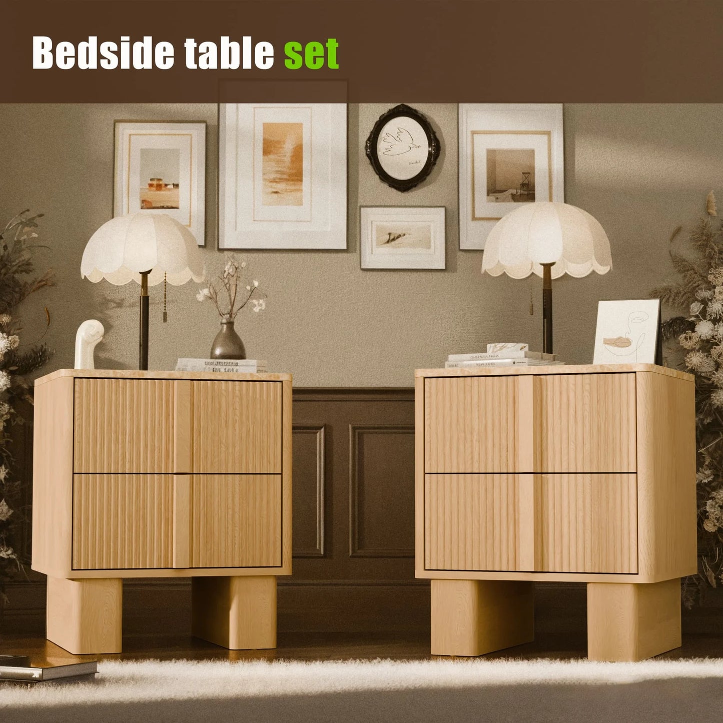 Fluted Nightstands w/ Charging, 2-Drawer End Tables w/ Reinforced Legs, Whitewashed Oak for Bedroom
