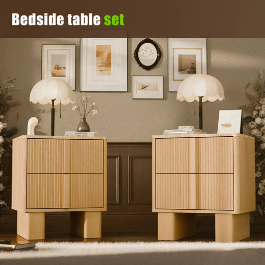 Fluted Nightstands w/ Charging, 2-Drawer End Tables w/ Reinforced Legs, Whitewashed Oak for Bedroom